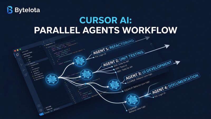 Cursor 3.3 parallel agents workflow visualization showing multiple code streams running simultaneously in a dark blue IDE interface