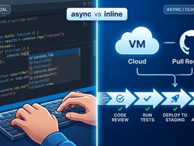 Split-screen comparison of async and inline AI coding agents: Jules cloud VM and GitHub PR workflow versus inline code editor with autocomplete