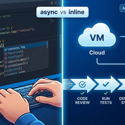 Split-screen comparison of async and inline AI coding agents: Jules cloud VM and GitHub PR workflow versus inline code editor with autocomplete