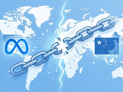 Illustration showing broken chain between Meta and China flags representing blocked AI acquisition