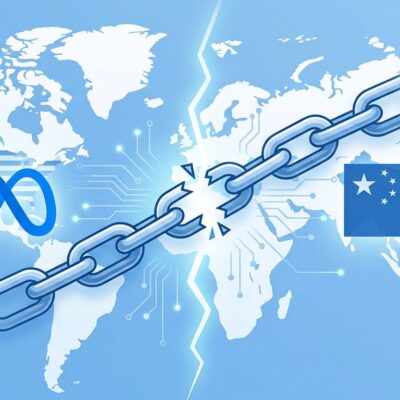 Illustration showing broken chain between Meta and China flags representing blocked AI acquisition