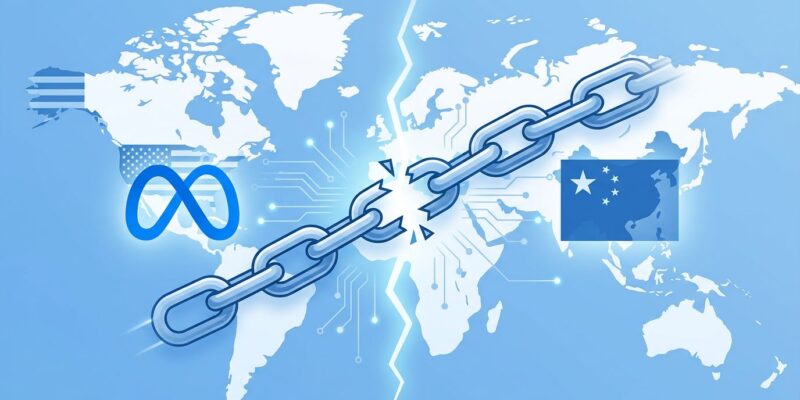 Illustration showing broken chain between Meta and China flags representing blocked AI acquisition