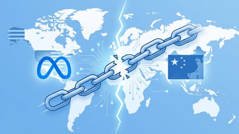 Illustration showing broken chain between Meta and China flags representing blocked AI acquisition