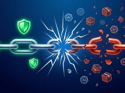 Abstract illustration of a broken supply chain with npm package and AI model icons fracturing apart, representing the 2026 supply chain security crisis