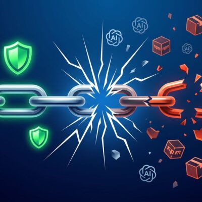 Abstract illustration of a broken supply chain with npm package and AI model icons fracturing apart, representing the 2026 supply chain security crisis