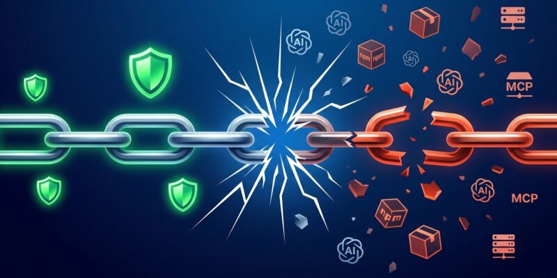 Abstract illustration of a broken supply chain with npm package and AI model icons fracturing apart, representing the 2026 supply chain security crisis