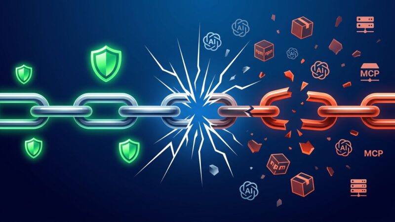 Abstract illustration of a broken supply chain with npm package and AI model icons fracturing apart, representing the 2026 supply chain security crisis