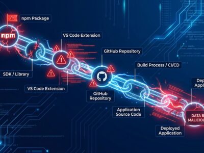 Interconnected chain of compromised developer tools showing npm to VS Code to GitHub attack cascade