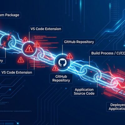 Interconnected chain of compromised developer tools showing npm to VS Code to GitHub attack cascade