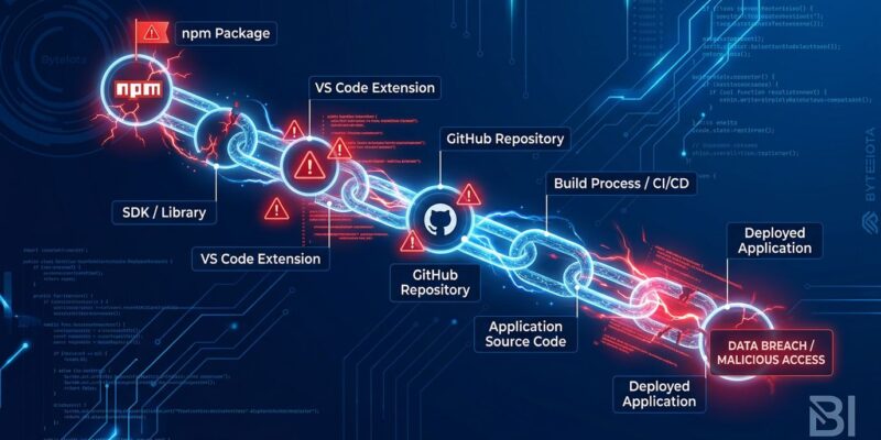 Interconnected chain of compromised developer tools showing npm to VS Code to GitHub attack cascade