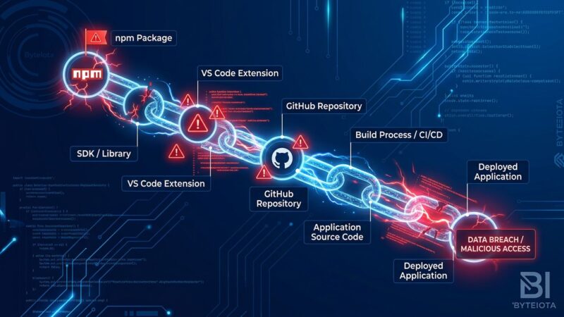 Interconnected chain of compromised developer tools showing npm to VS Code to GitHub attack cascade