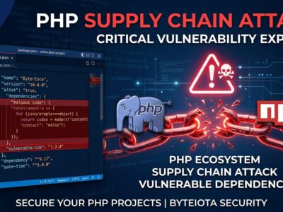 PHP and npm logos connected by a broken chain link representing a cross-ecosystem supply chain attack on Packagist packages via package.json postinstall hooks