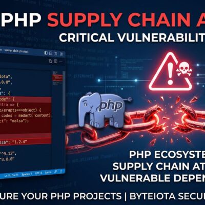 PHP and npm logos connected by a broken chain link representing a cross-ecosystem supply chain attack on Packagist packages via package.json postinstall hooks