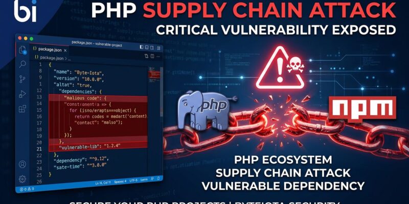 PHP and npm logos connected by a broken chain link representing a cross-ecosystem supply chain attack on Packagist packages via package.json postinstall hooks