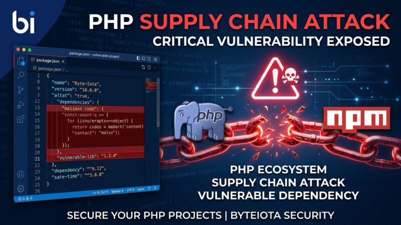 PHP and npm logos connected by a broken chain link representing a cross-ecosystem supply chain attack on Packagist packages via package.json postinstall hooks