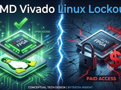 AMD FPGA chip with Linux penguin blocked by padlock and dollar sign barrier, representing Vivado free tier Linux removal