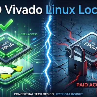 AMD FPGA chip with Linux penguin blocked by padlock and dollar sign barrier, representing Vivado free tier Linux removal