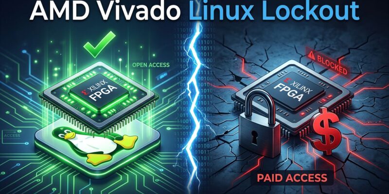 AMD FPGA chip with Linux penguin blocked by padlock and dollar sign barrier, representing Vivado free tier Linux removal