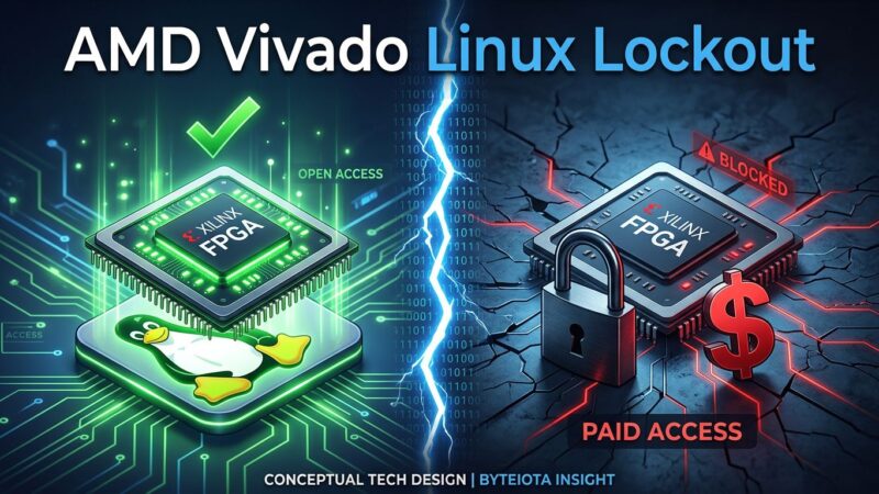 AMD FPGA chip with Linux penguin blocked by padlock and dollar sign barrier, representing Vivado free tier Linux removal