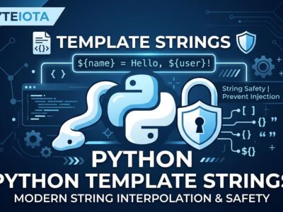 Python t-strings template literals security illustration with blue and white ByteIota branding