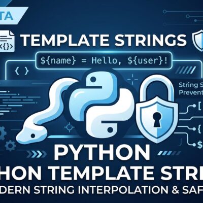 Python t-strings template literals security illustration with blue and white ByteIota branding