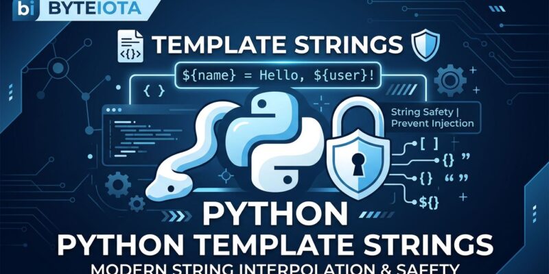 Python t-strings template literals security illustration with blue and white ByteIota branding