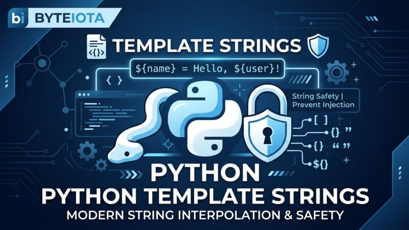 Python t-strings template literals security illustration with blue and white ByteIota branding
