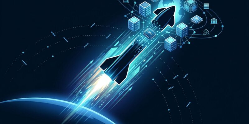 SpaceX Starship rocket launching and transforming into orbital data centers and AI compute clusters in space