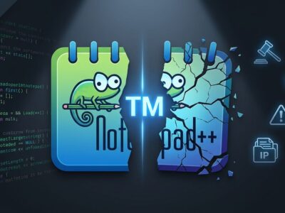 Notepad++ logo split in half representing trademark dispute between original creator and unauthorized Mac port