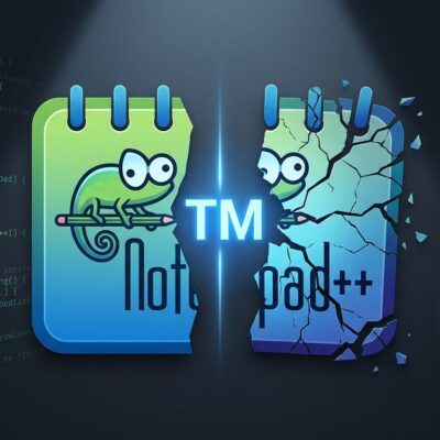 Notepad++ logo split in half representing trademark dispute between original creator and unauthorized Mac port