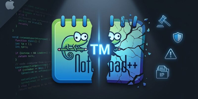 Notepad++ logo split in half representing trademark dispute between original creator and unauthorized Mac port