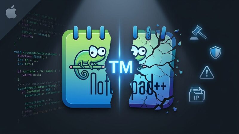 Notepad++ logo split in half representing trademark dispute between original creator and unauthorized Mac port