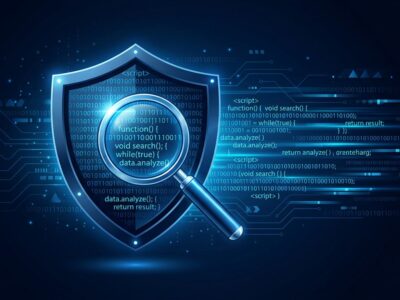 Shield with magnifying glass scanning blue code lines representing Claude Security vulnerability scanner