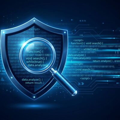 Shield with magnifying glass scanning blue code lines representing Claude Security vulnerability scanner