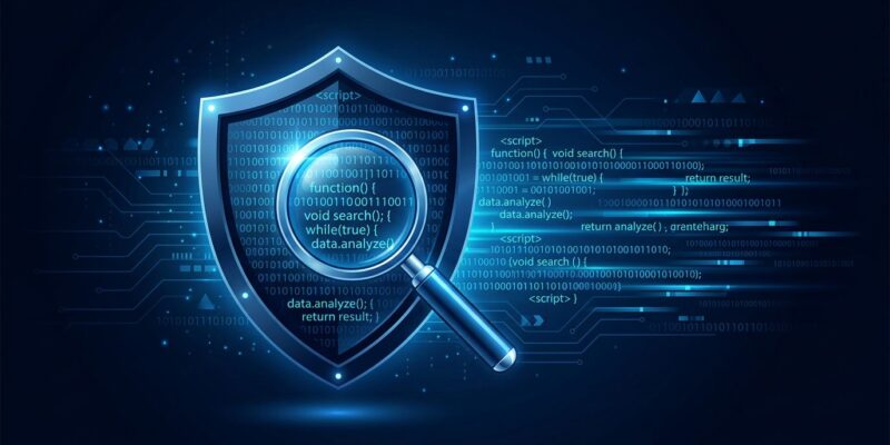 Shield with magnifying glass scanning blue code lines representing Claude Security vulnerability scanner