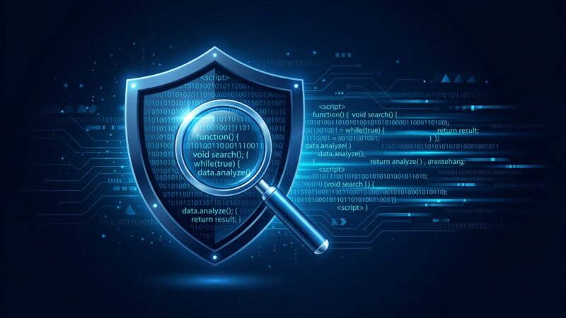 Shield with magnifying glass scanning blue code lines representing Claude Security vulnerability scanner