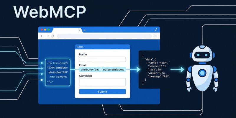 WebMCP browser standard diagram showing AI agent calling structured website tools via Chrome 149 origin trial