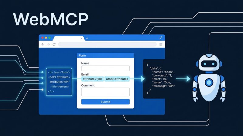 WebMCP browser standard diagram showing AI agent calling structured website tools via Chrome 149 origin trial