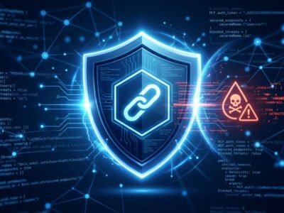 Shield protecting against MCP tool poisoning attacks with network security visualization in blue and white
