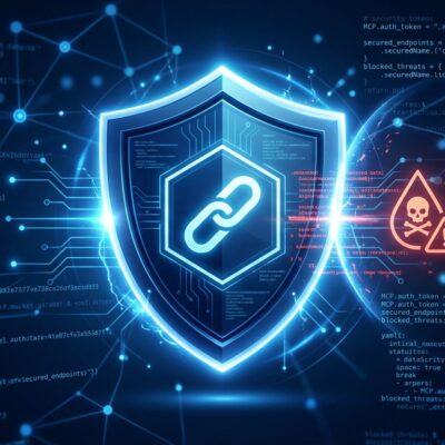 Shield protecting against MCP tool poisoning attacks with network security visualization in blue and white
