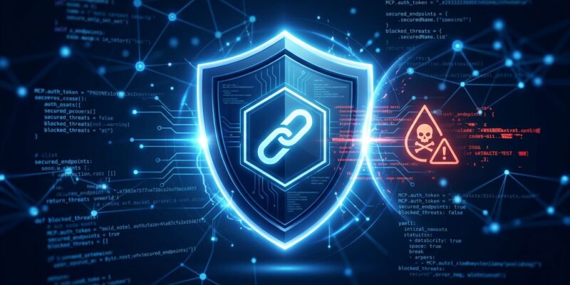Shield protecting against MCP tool poisoning attacks with network security visualization in blue and white