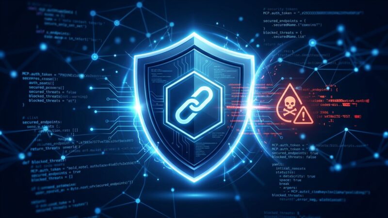 Shield protecting against MCP tool poisoning attacks with network security visualization in blue and white