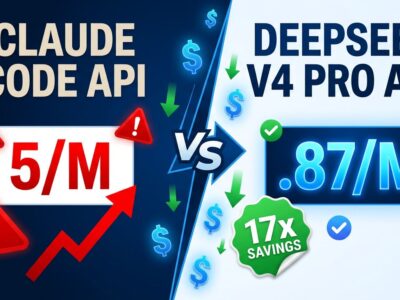 Split-screen comparison showing cost difference between Claude Code (5/M) and DeepSeek V4 Pro (/bin/bash.87/M) with 17x cost reduction badge
