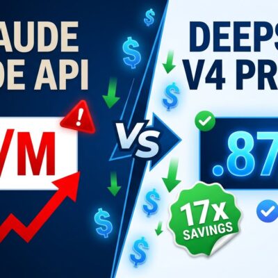 Split-screen comparison showing cost difference between Claude Code (5/M) and DeepSeek V4 Pro (/bin/bash.87/M) with 17x cost reduction badge