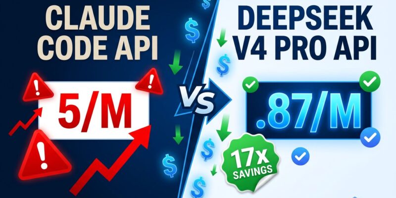 Split-screen comparison showing cost difference between Claude Code (5/M) and DeepSeek V4 Pro (/bin/bash.87/M) with 17x cost reduction badge