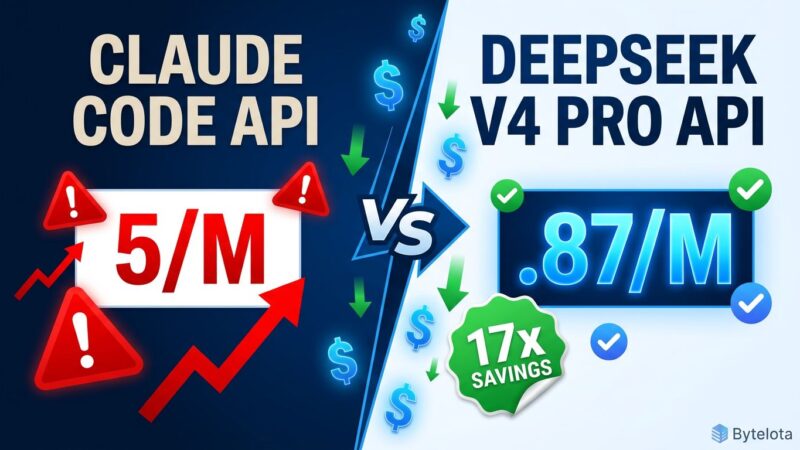 Split-screen comparison showing cost difference between Claude Code (5/M) and DeepSeek V4 Pro (/bin/bash.87/M) with 17x cost reduction badge