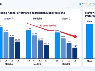Bar chart showing LLM agent performance decay across constraint levels L0 to L3 with framework comparison