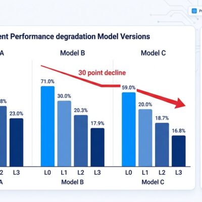 Bar chart showing LLM agent performance decay across constraint levels L0 to L3 with framework comparison