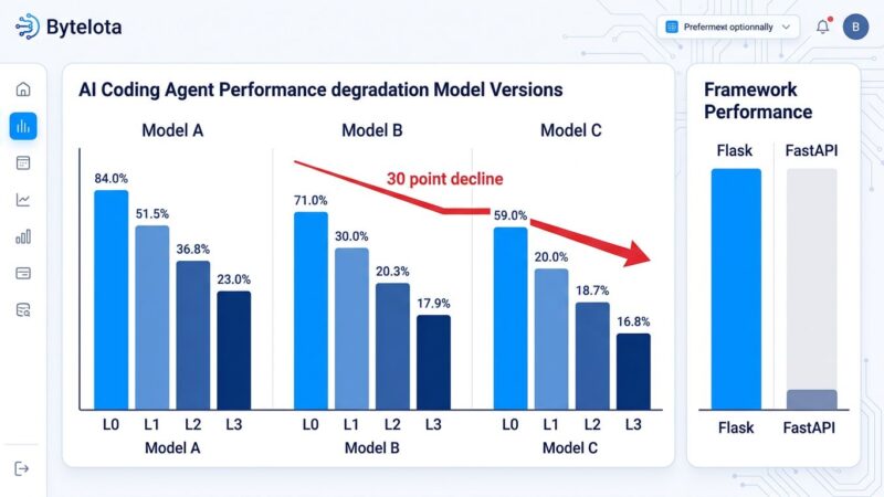 Bar chart showing LLM agent performance decay across constraint levels L0 to L3 with framework comparison