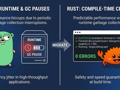 Split-screen comparison of Go and Rust programming languages showing runtime vs compile-time safety trade-offs